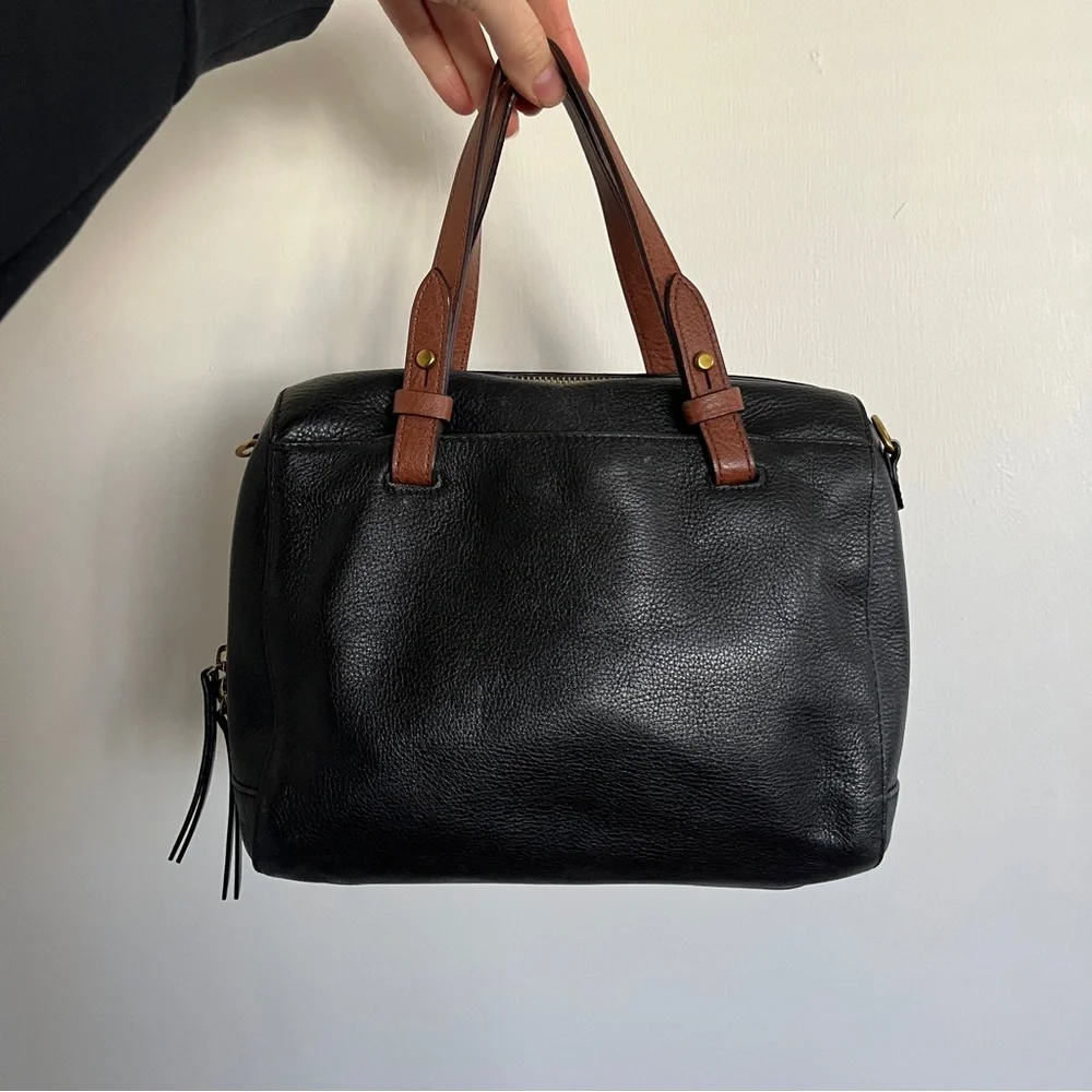 Fossil Black Brown Rachel Small Leather Satchel Purse Handbag Classic - no strap